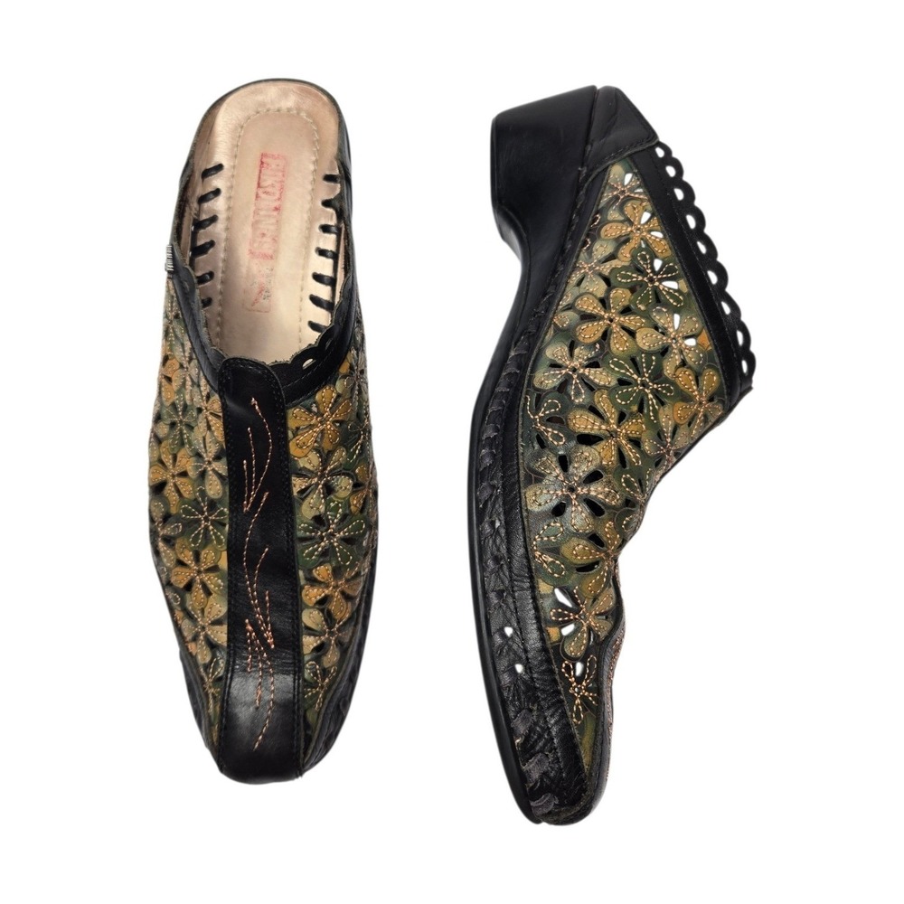 Pikolinos Floral Leather Cutout Mule Clogs 41 Olive Scalloped Bohemian Slip Ons